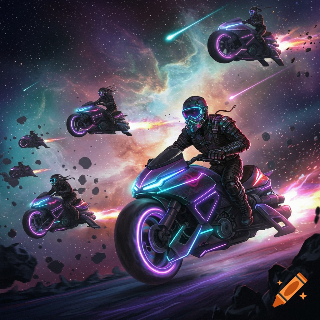 Futuristic bikers on neon-lit speeder motorcycles race through a vibrant, star-filled nebula in outer space, past glowing meteors and asteroids.