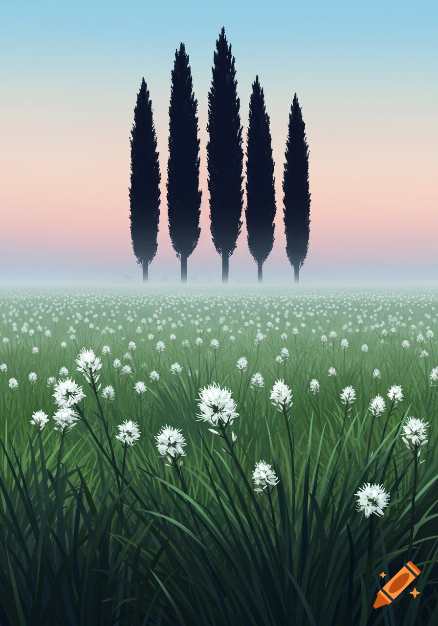 Stylized illustration of a white asphodel meadow with tall, dark poplar trees against a pastel gradient sky.