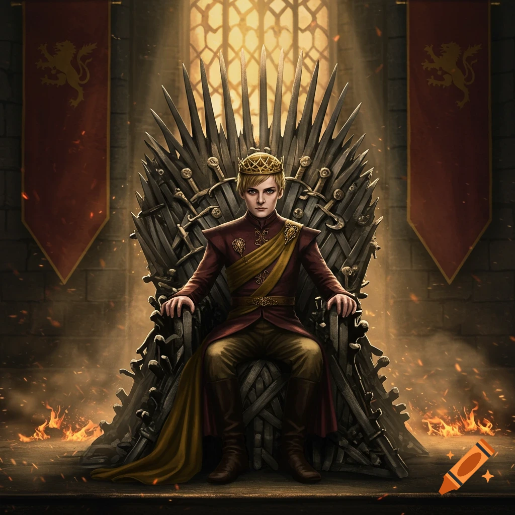A young king with a crown sits dramatically on a throne made of swords in a dimly lit fantasy hall with banners and embers.