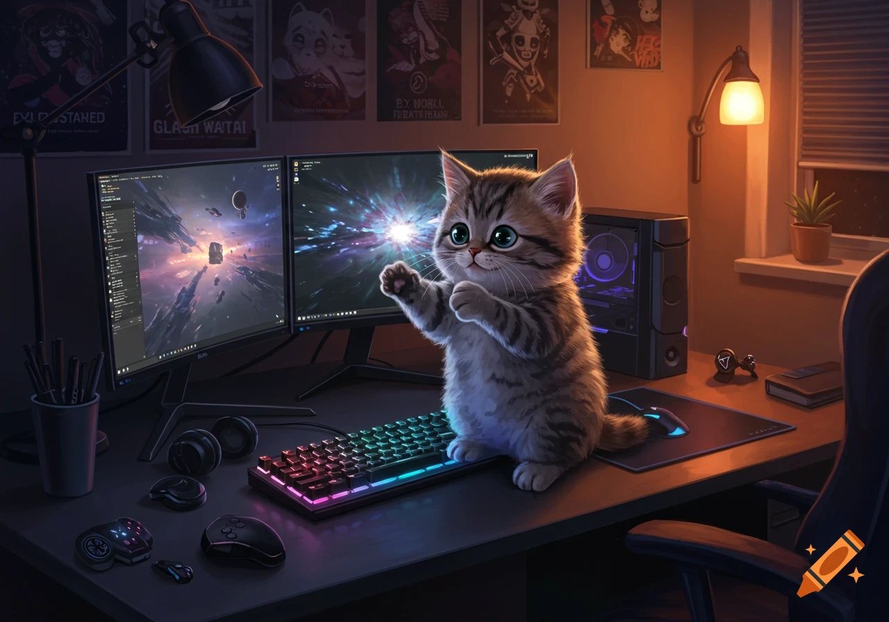 A cute tabby kitten sits on a vibrant RGB gaming keyboard at a desk with two monitors displaying space scenes, a glowing PC, and posters.