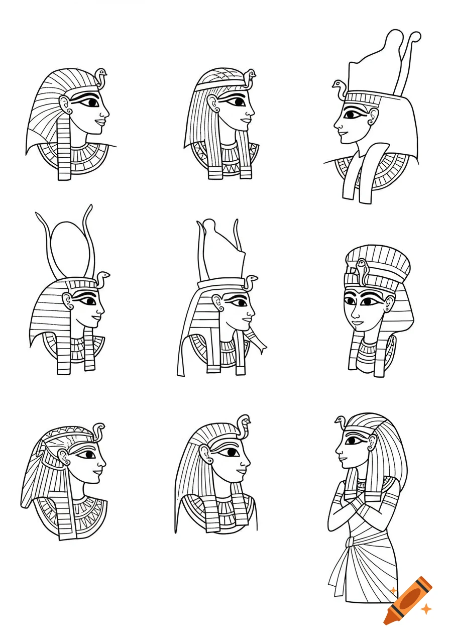 Nine simple black line art illustrations of Egyptian figures wearing traditional headwear, suitable for a coloring book.