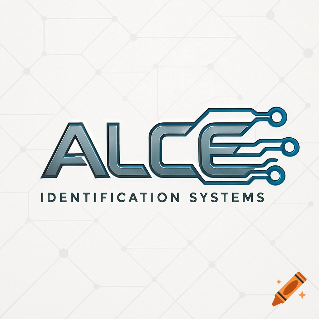 Futuristic logo for ALCE IDENTIFICATION SYSTEMS with circuit board elements on a light, patterned background.