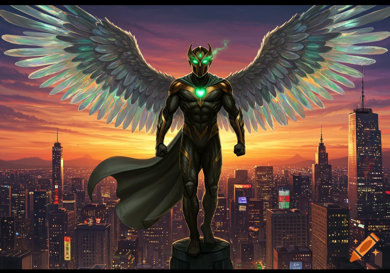 A masked superhero with large, iridescent wings stands atop a building overlooking a city skyline at sunset.