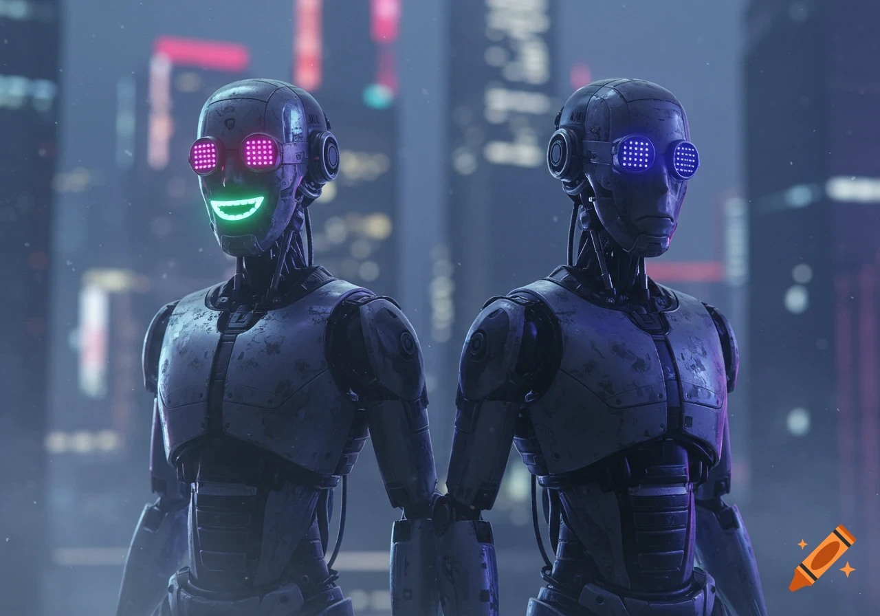 Two detailed metallic robots against a blurry futuristic city. One robot has a neon green smile, the other a neutral blue mouth.