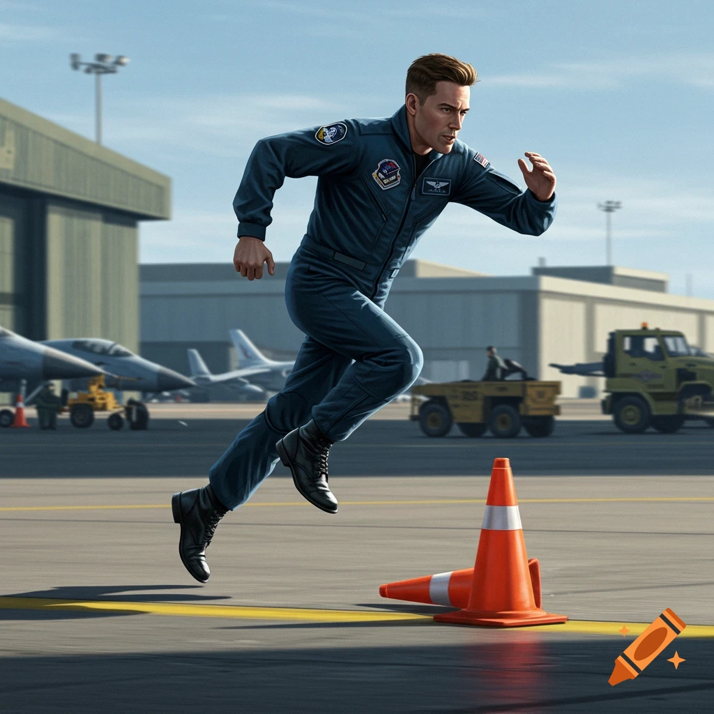Photorealistic image of a man in a blue flight suit running on an airfield with jets and hangars in the background, near an orange traffic cone.