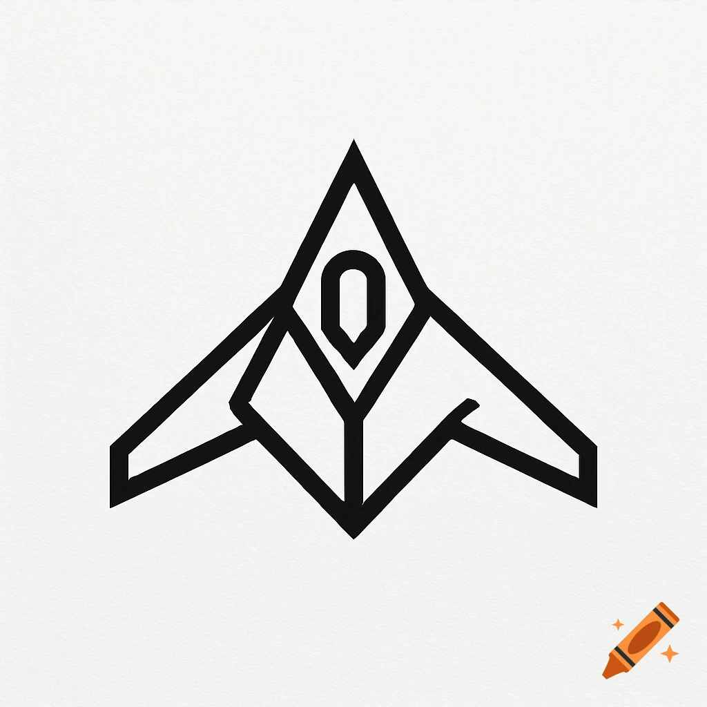 A minimalist black and white logo with angular lines, resembling a stylized stealth aircraft or spaceship against a textured white background.