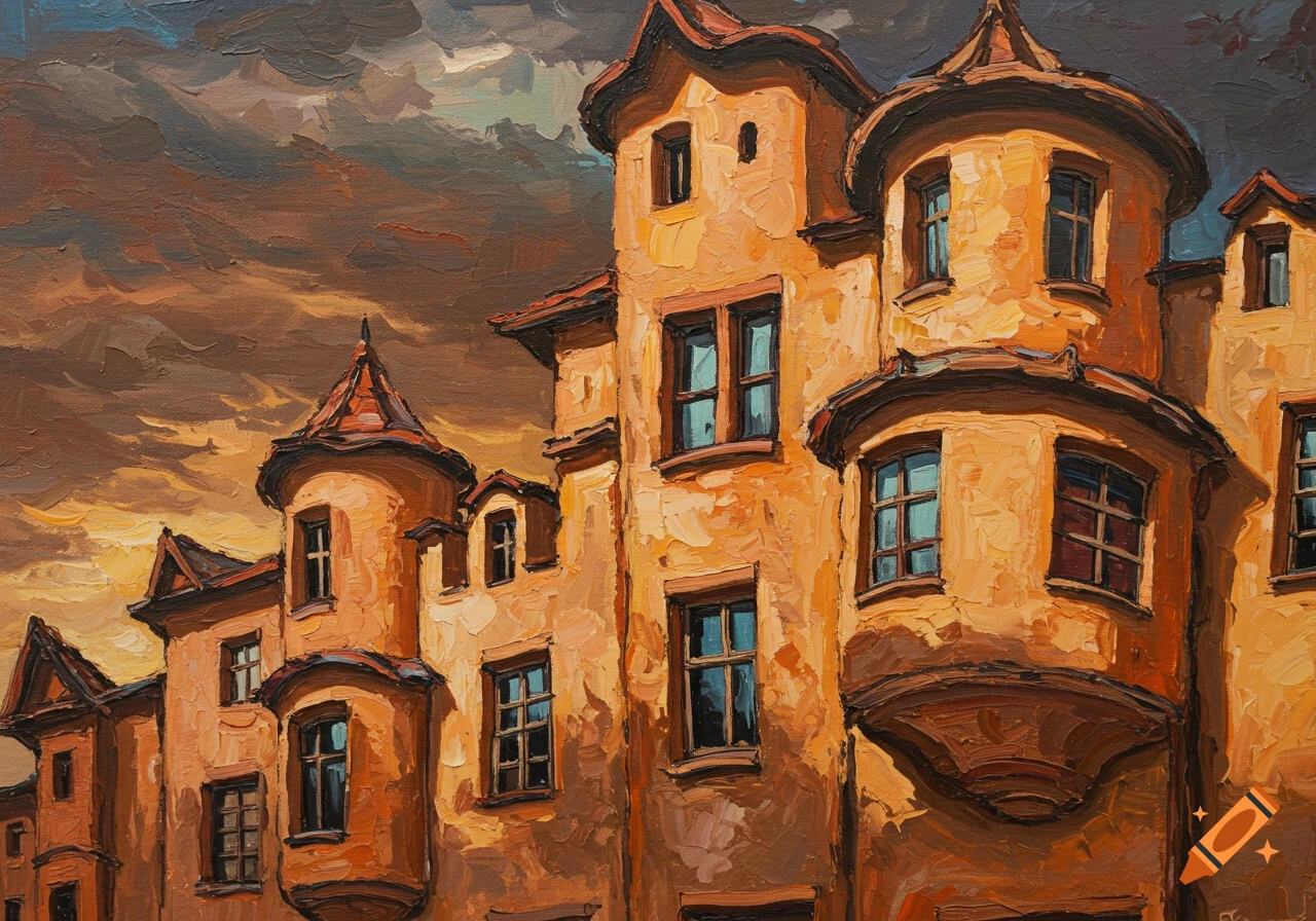 Expressionistic oil painting of an old building with turrets and bay windows under a dramatic, cloudy sky.