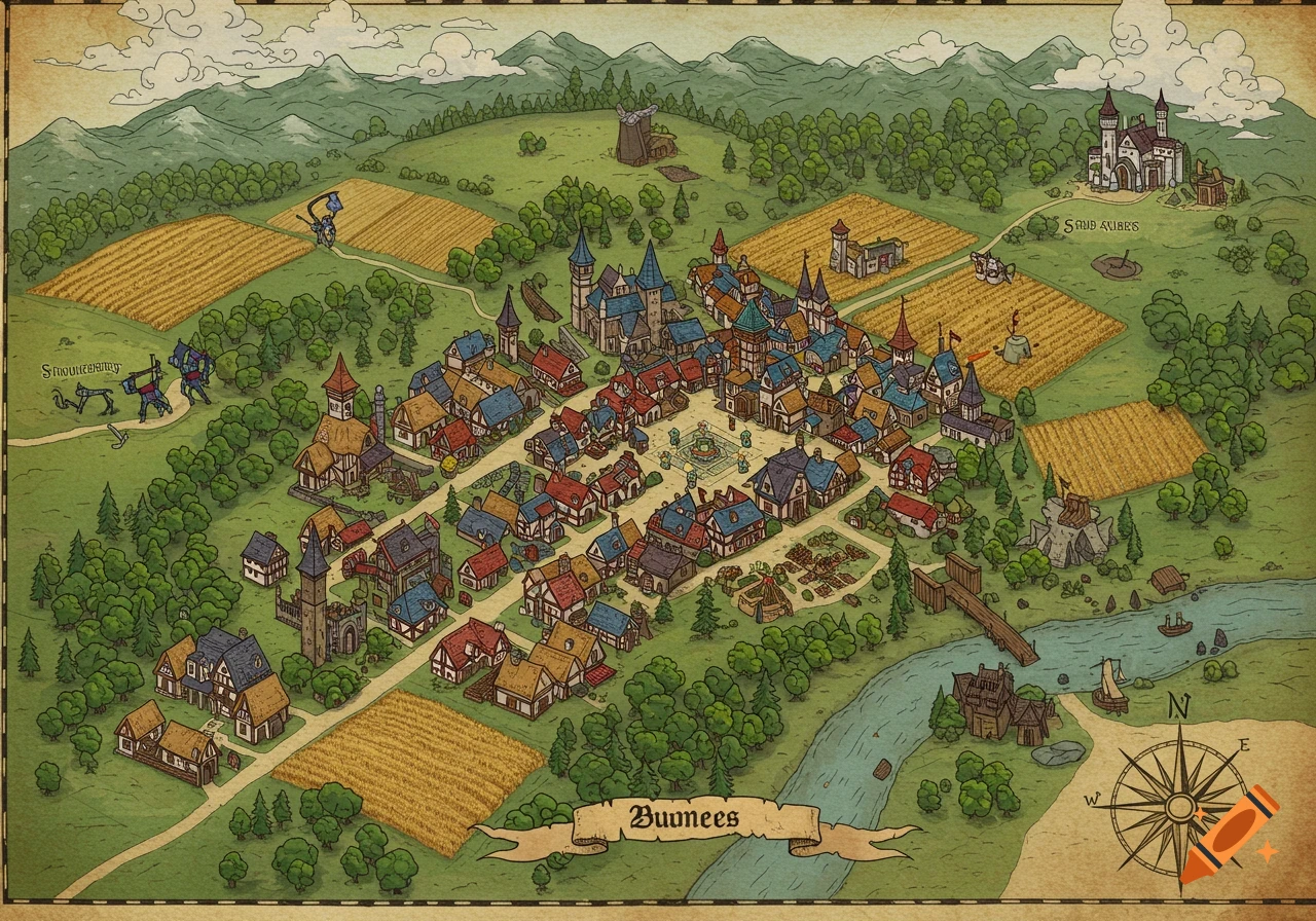 An overhead fantasy map of a small medieval-style town surrounded by fields, forests, and mountains, with a river and a compass rose.