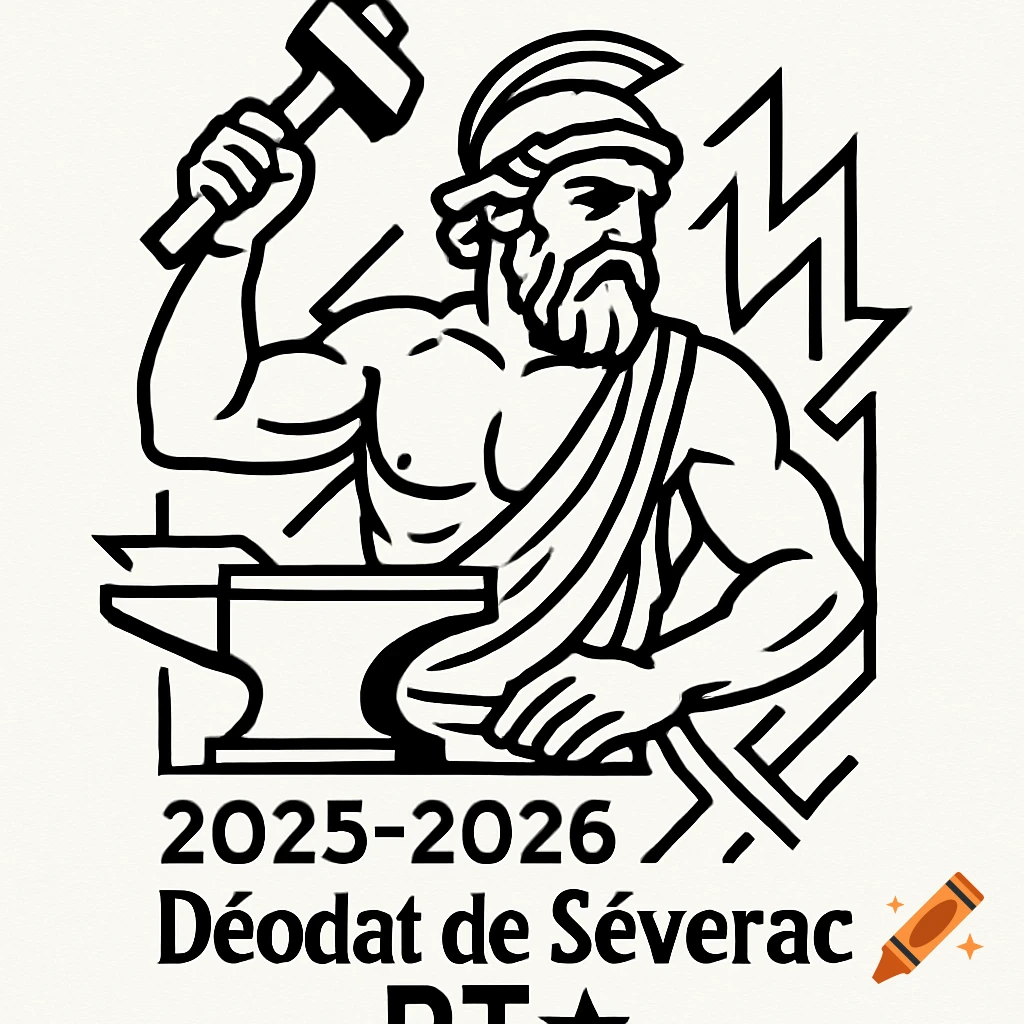 Black and white line art logo of the Roman god Vulcan, holding a hammer over an anvil, with text '2025-2026 Déodat de Séverac PT ★'.