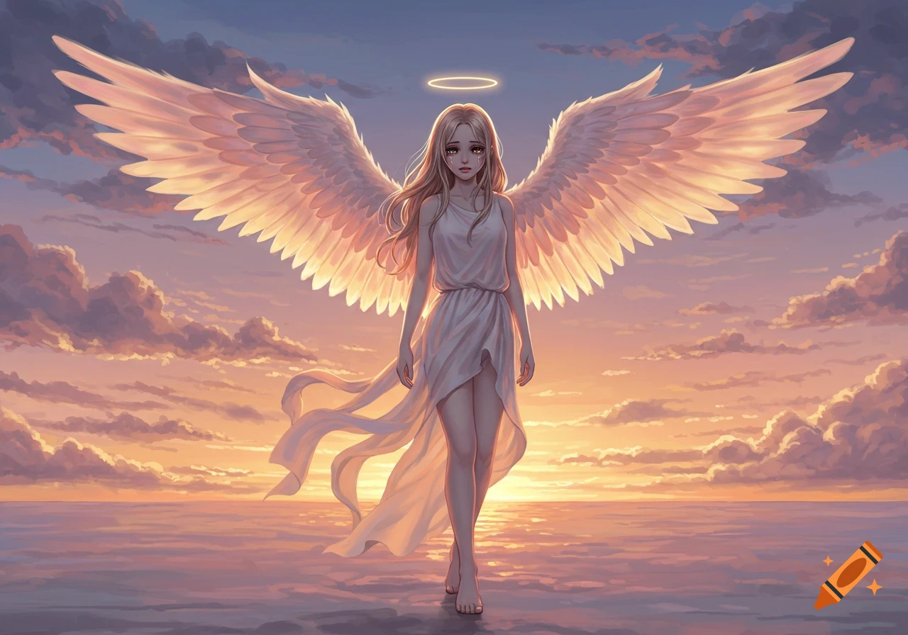 A sad anime angel with large white wings stands on water at sunset, wearing a flowing white dress.