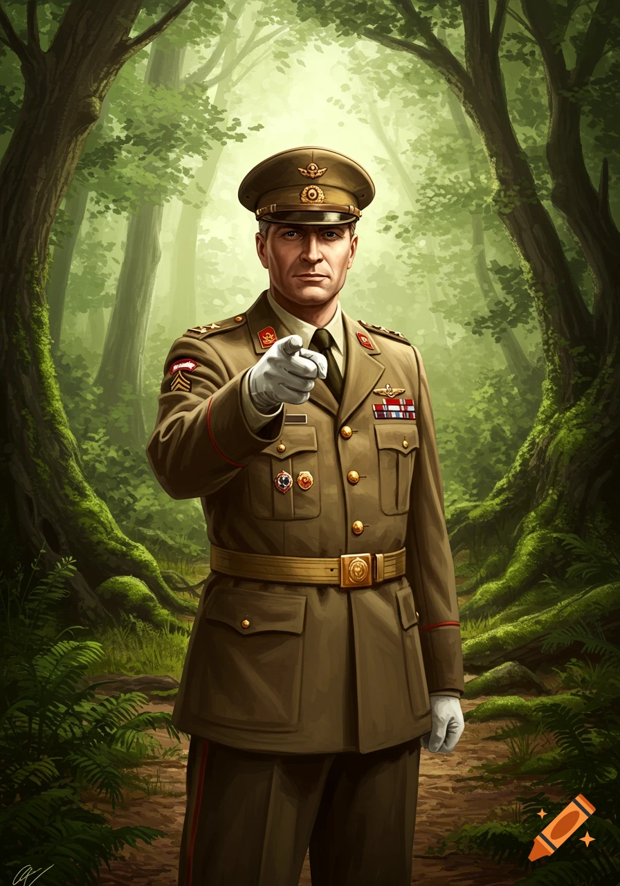 A digital art illustration of a military colonel in a field uniform pointing forward in a lush, blurred forest.