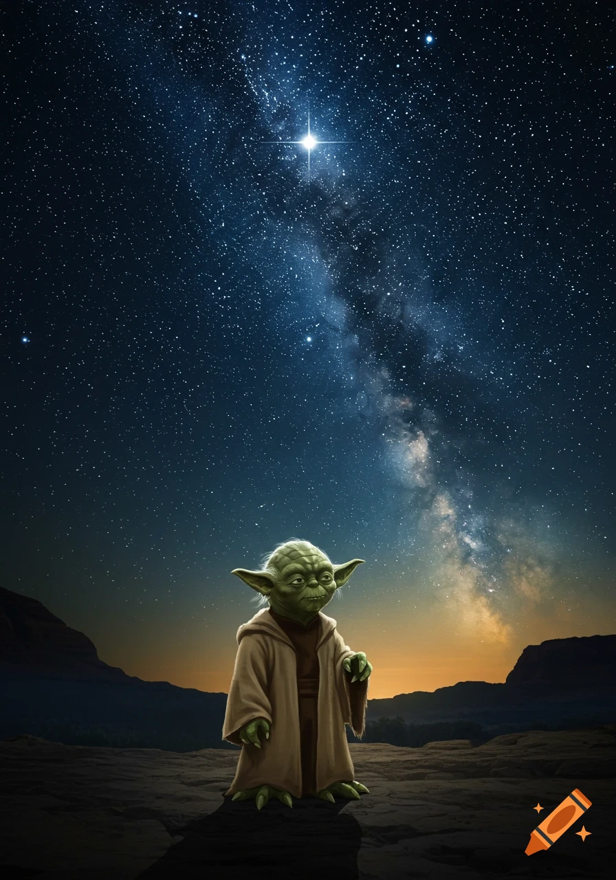 Yoda stands on a rocky surface under a dark, starry night sky with the Milky Way visible and a single bright star.
