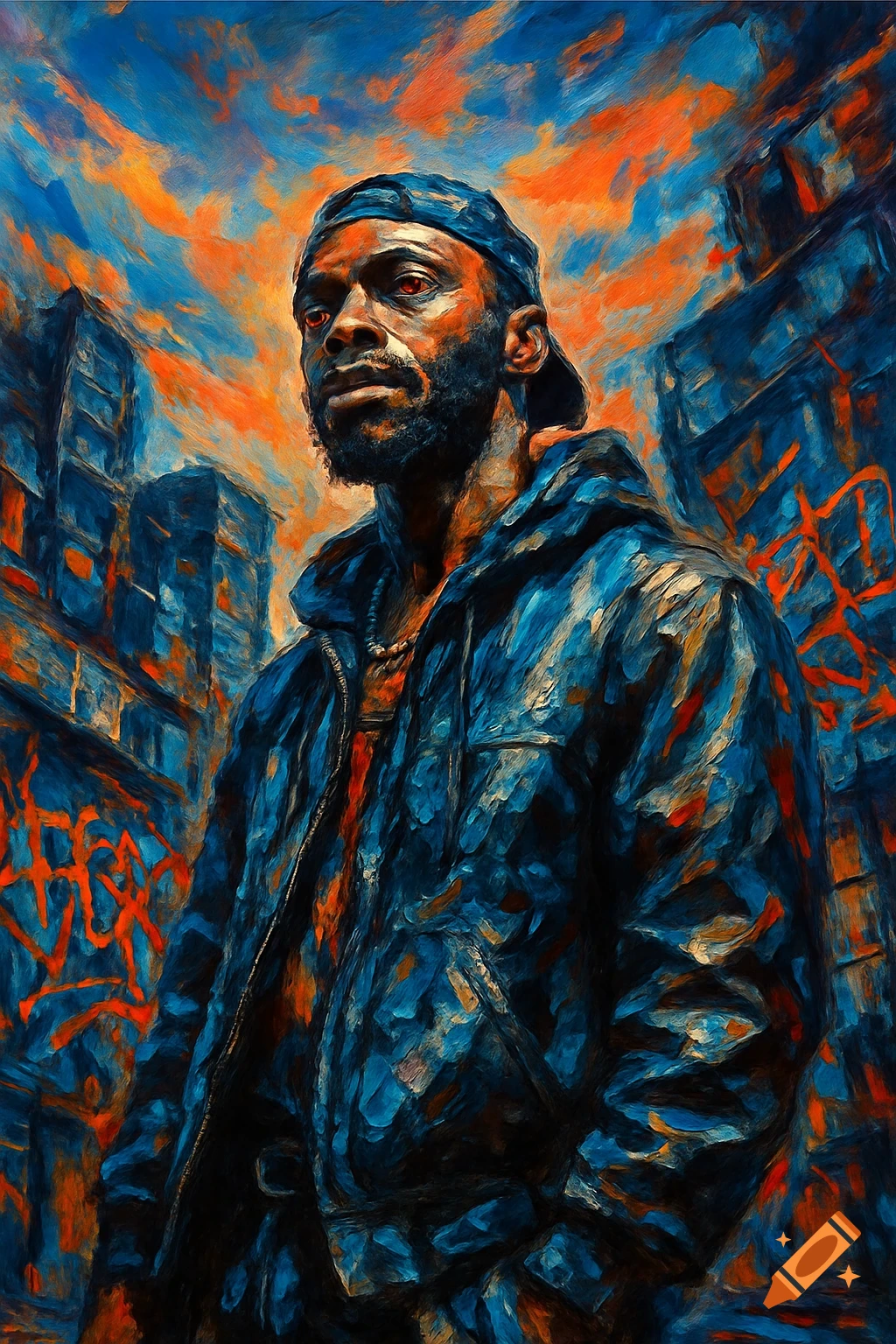 An expressive oil painting of a man with a beard and red eyes, wearing a backward cap and jacket, in a vibrant blue and orange urban setting with graffiti.