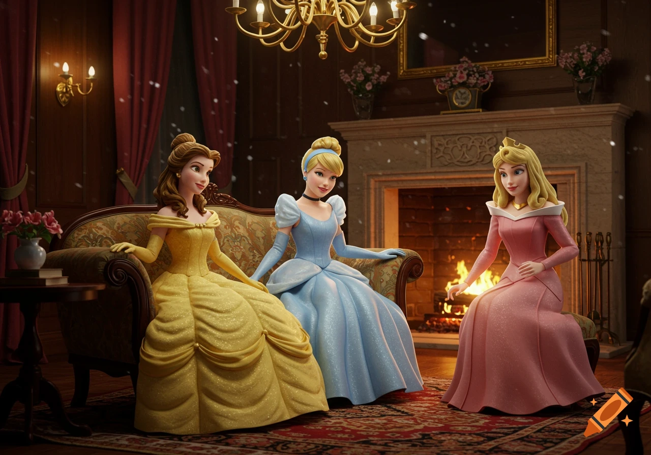 3D animated Belle, Cinderella, and Aurora in elegant dresses sit on a regal sofa by a burning fireplace in a royal living room.