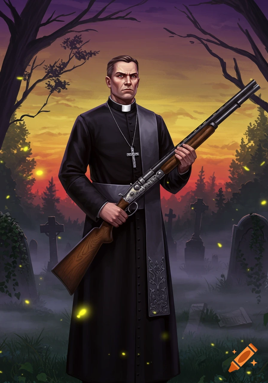 Illustrated priest in clerical attire holding a shotgun in a foggy graveyard at sunset.