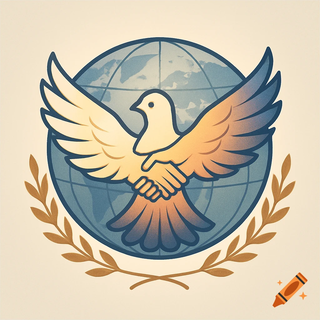 Stylized peace logo with a white dove, hands shaking, a blue globe, and golden olive branches.