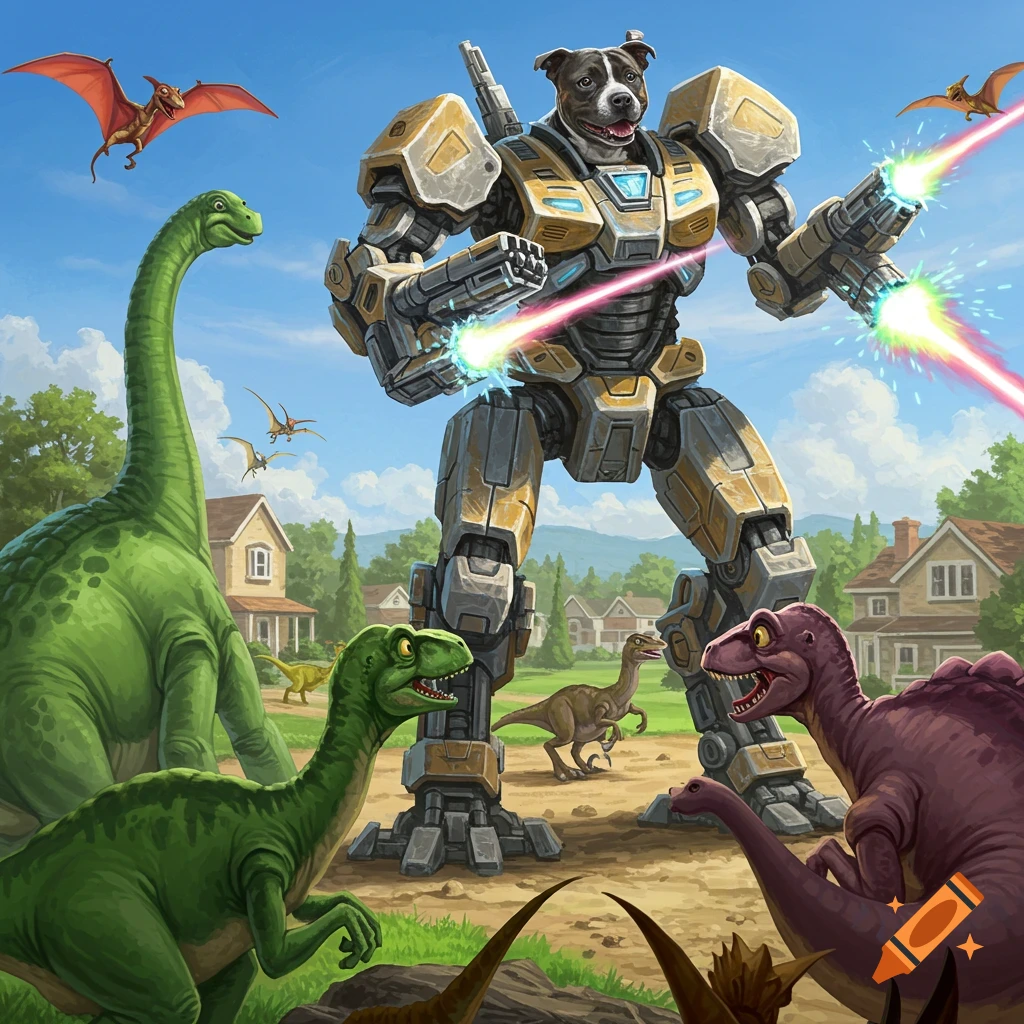 Illustrated scene of a Staffy dog in a humanoid mech robot firing lasers at various dinosaurs in a suburban setting.