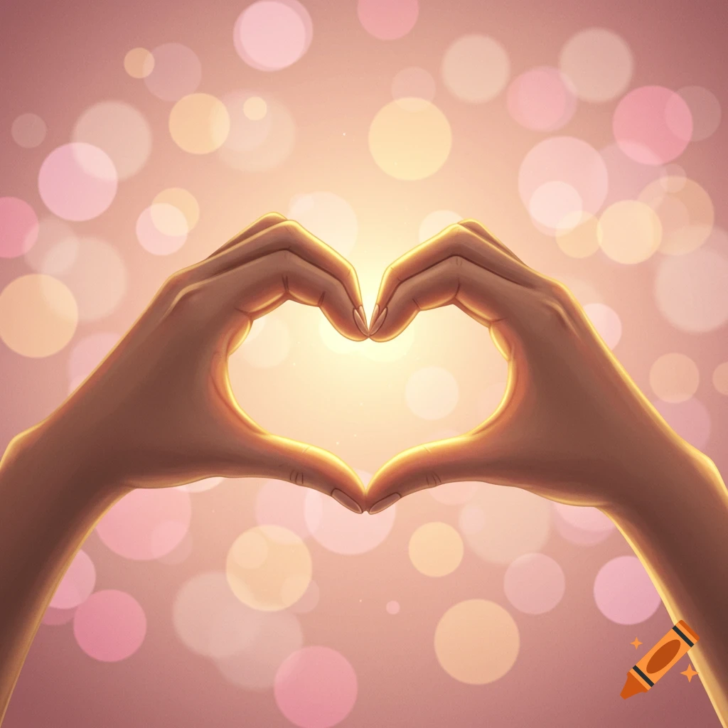 Two hands form a heart shape against a soft pink and orange bokeh light background, digital art.