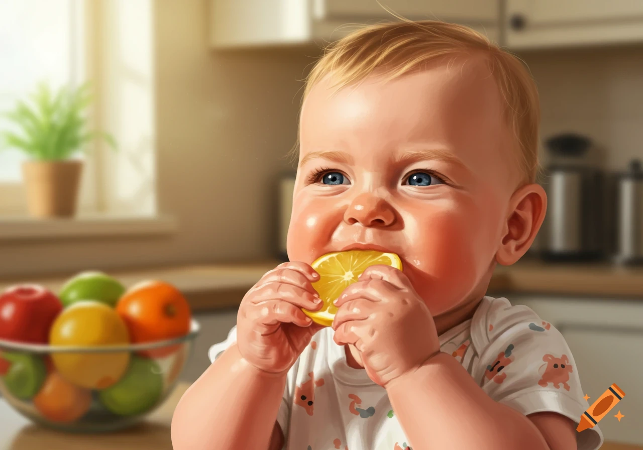 A photorealistic baby with blonde hair and blue eyes makes a sour face while biting into a lemon slice in a kitchen.