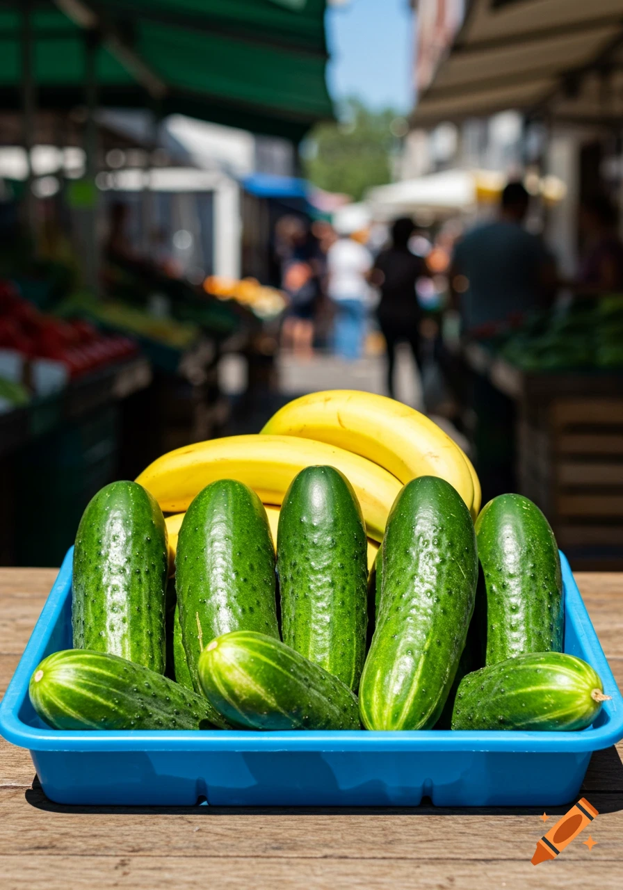 A blue crate of green cucumbers and yellow bananas on a wooden table at an outdoor market.