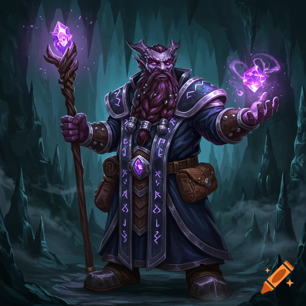 A fantasy dwarf sorcerer with purple skin and beard, holding a staff and conjuring a glowing purple crystal in a dark cave.