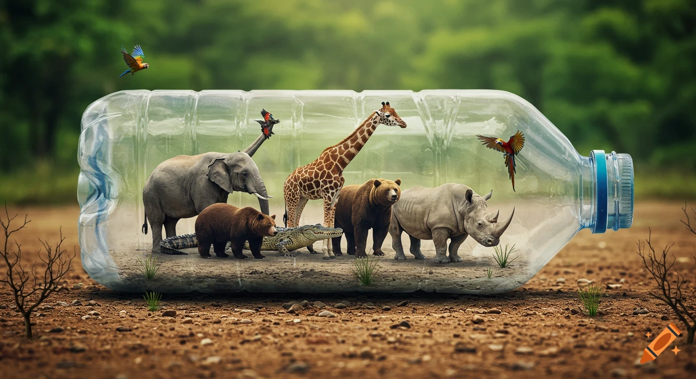 An elephant, giraffe, rhino, two bears, crocodile, and two parrots are trapped inside a clear plastic bottle on dry, cracked earth. A lush green forest blurs in the background.