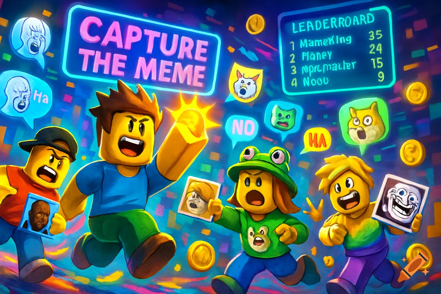 Colorful Roblox-style characters running and collecting memes with a 'CAPTURE THE MEME' sign and leaderboard in a vibrant, digital art style.