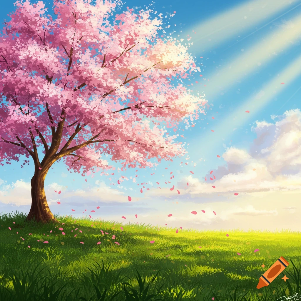Anime-style illustration of a vibrant pink cherry blossom tree on a green hill under a blue sky with falling petals.