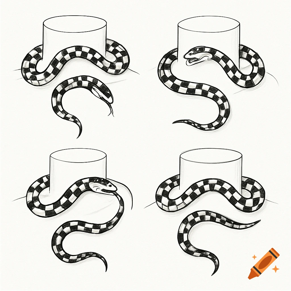 Four black and white checkered snakes wrapping around white cylinders, depicted in minimalist line art against a plain background.