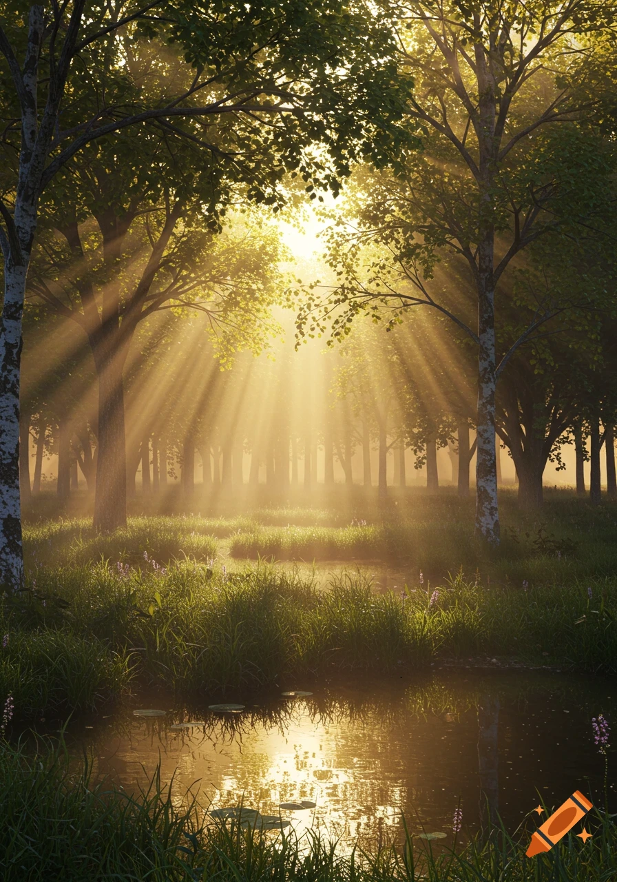 A photorealistic image of a sunny forest with sunbeams shining through the trees onto a grassy clearing and a reflective pond.