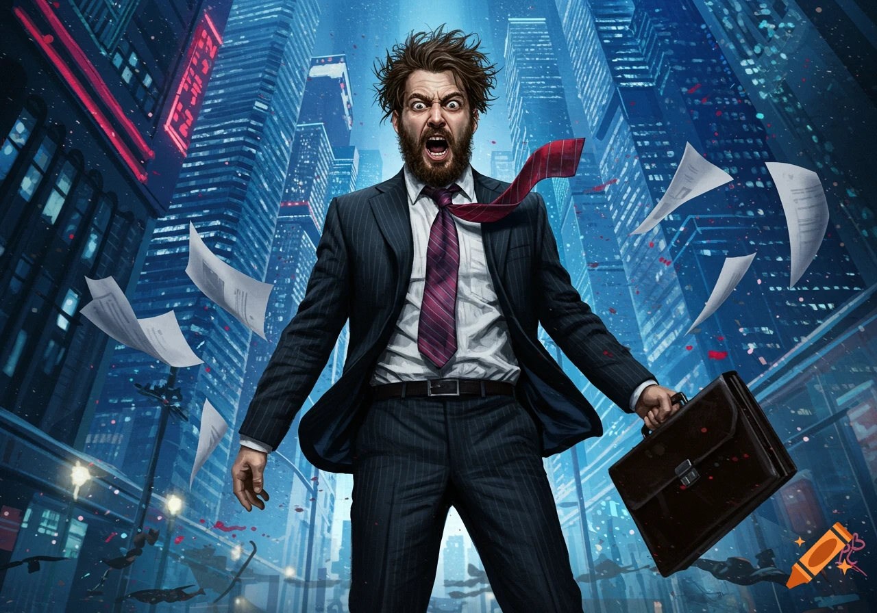 A disheveled, angry man in a pinstripe suit, holding a briefcase, screams in a futuristic city with papers flying. Stylistic art.
