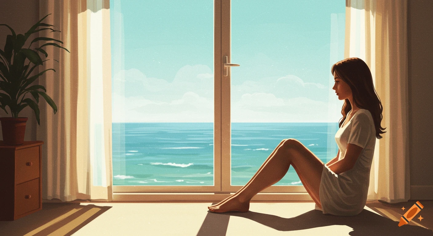 Retro illustration of a woman in a white dress sitting by a window, looking out at the calm blue sea.