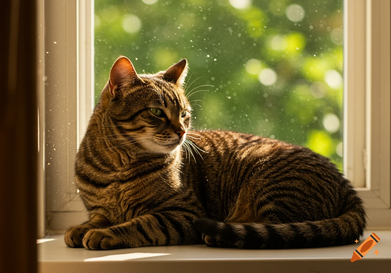 A brown tabby cat with green eyes lies on a sunny windowsill, looking right, with a blurred green background.