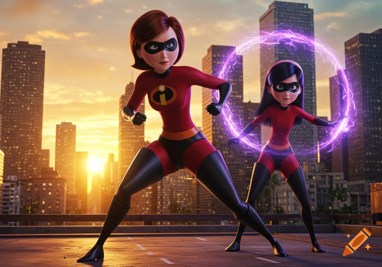 Helen Parr and Violet Parr from The Incredibles stand heroically on a rooftop with a city skyline at sunset. Violet glows with purple energy.