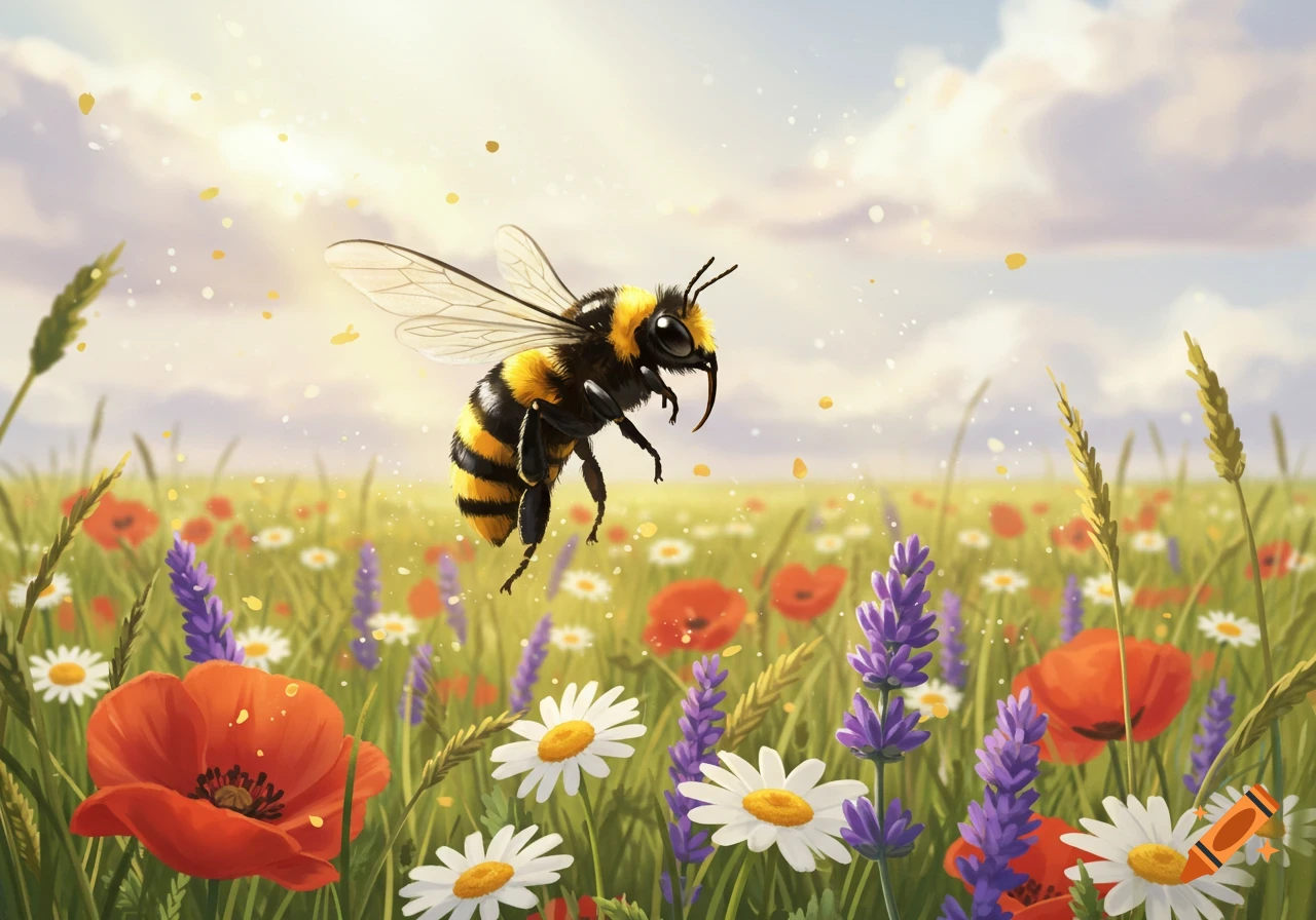 An illustrated bumblebee flies over a vibrant meadow filled with red poppies, white daisies, and purple lavender under a bright, cloudy sky.
