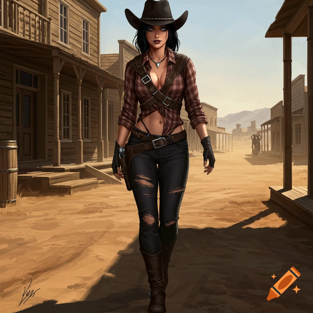 Digital illustration of a female character in a cowboy hat, flannel shirt, ripped jeans, and bandolier, walking in an old western town.