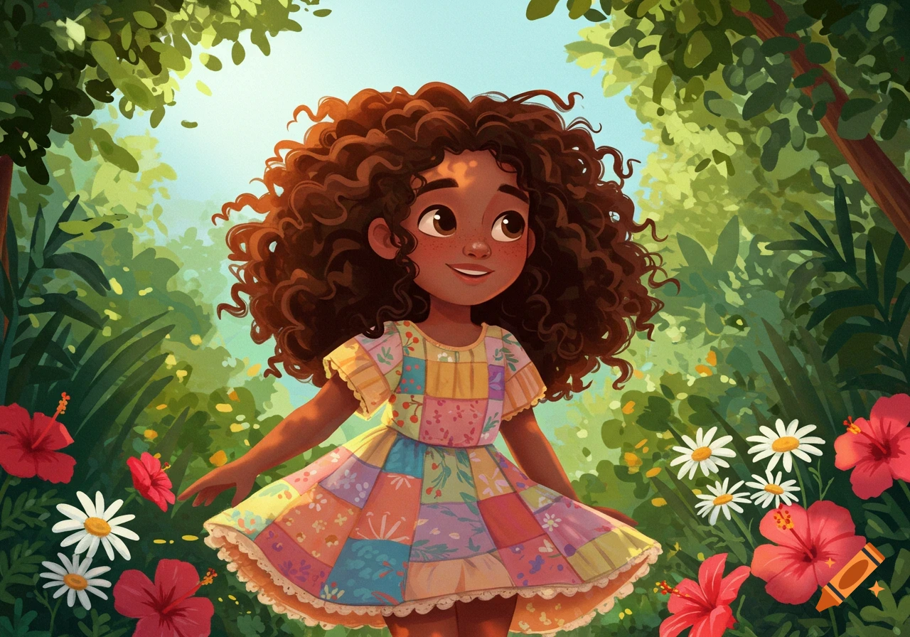 A smiling young girl with curly brown hair in a colorful patchwork dress, standing in a vibrant jungle with red hibiscus and white daisy flowers.