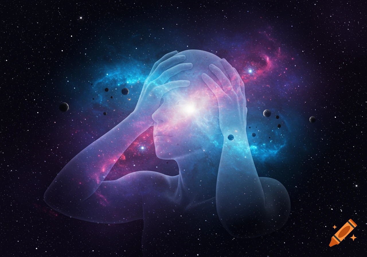 A translucent human figure with hands on its head, glowing brightly at its core, against a vibrant cosmic backdrop of stars, nebulae, and planets.