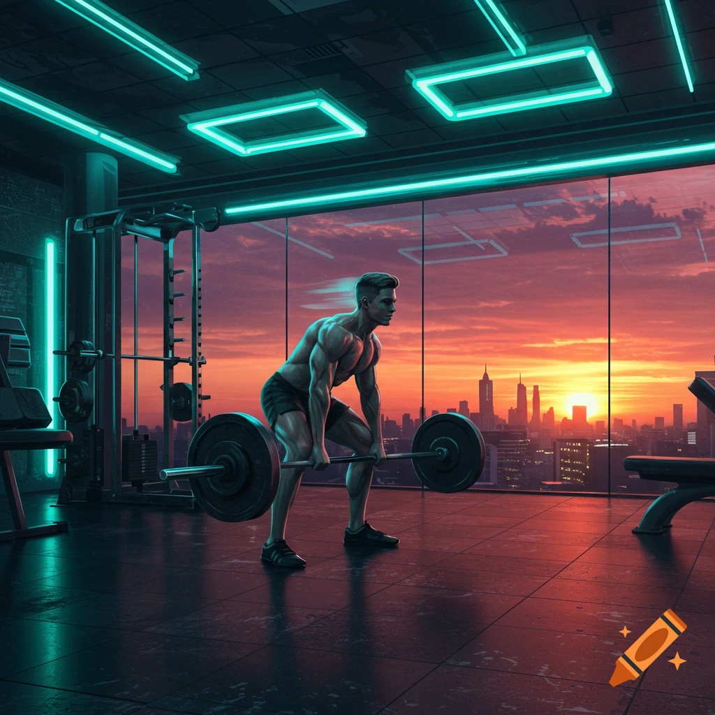 A muscular man deadlifts weights in a modern gym with neon lighting and a panoramic window overlooking a city skyline at sunset.