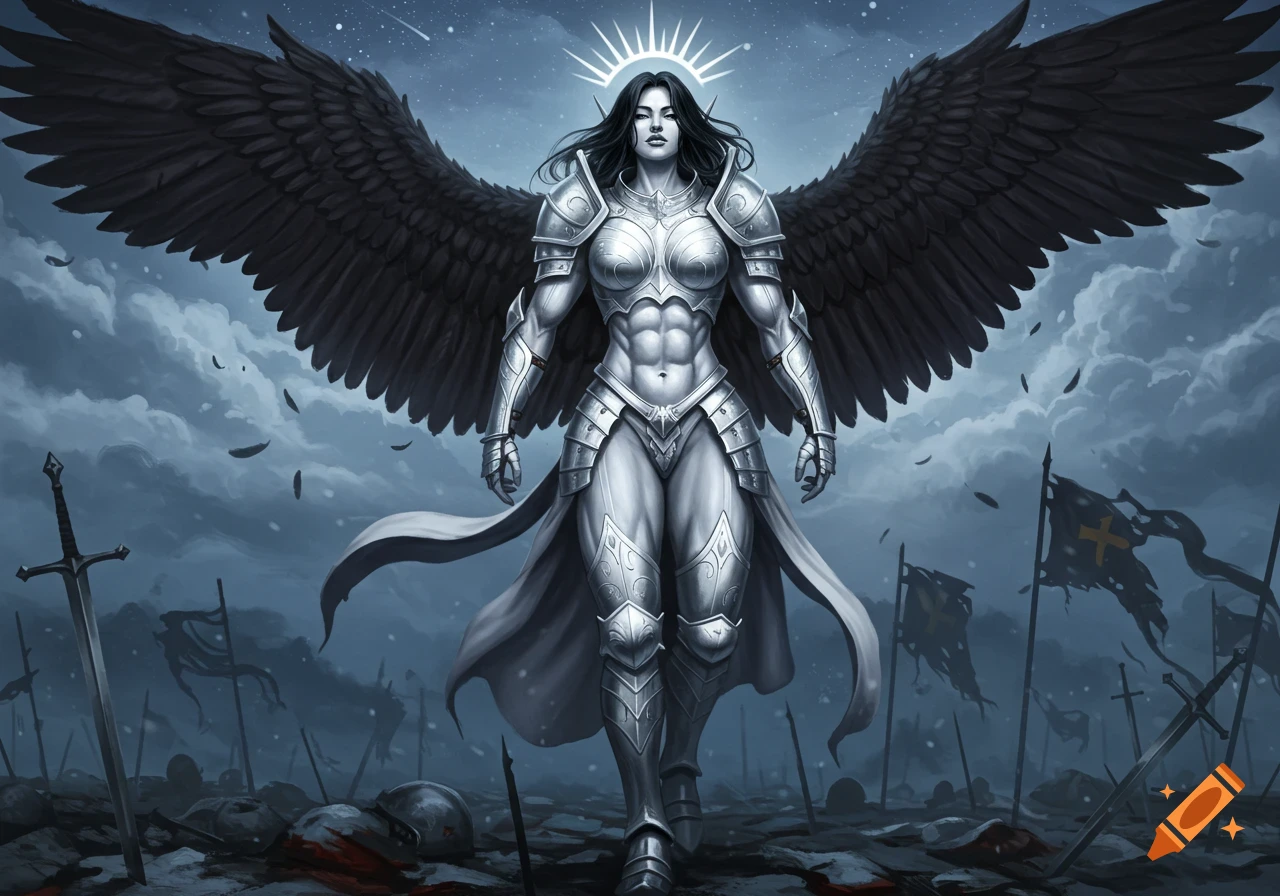 Muscular female Aasimar warrior with large black wings and silver armor stands on a war-torn battlefield under a cloudy night sky, digital art.