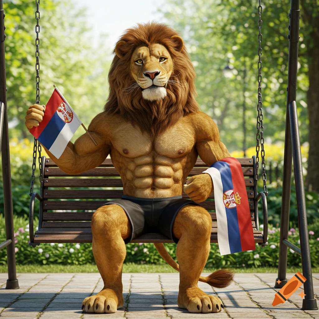 A muscular, anthropomorphic lion with a brown mane sits on a park swing, holding two Serbian flags.