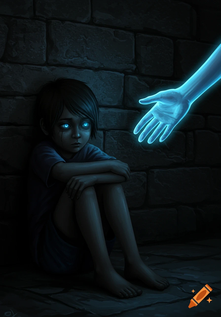 A somber child with glowing blue eyes sits against a brick wall, reaching out to a glowing blue hand in a dark, stylized scene.