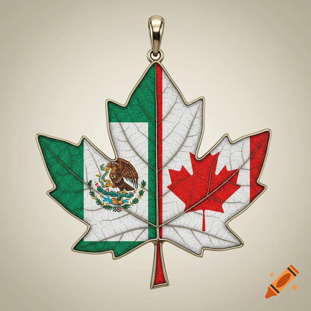 A gold-rimmed maple leaf pendant displaying the Mexican and Canadian flags side-by-side.