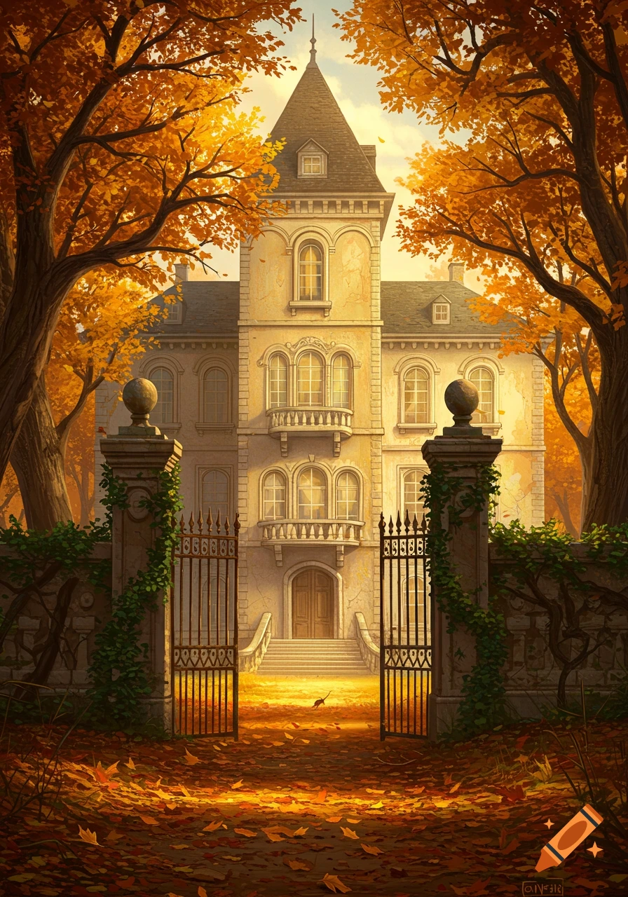 An elegant mansion viewed through an open iron gate, framed by trees with vibrant orange autumn leaves. Fallen leaves cover the path.