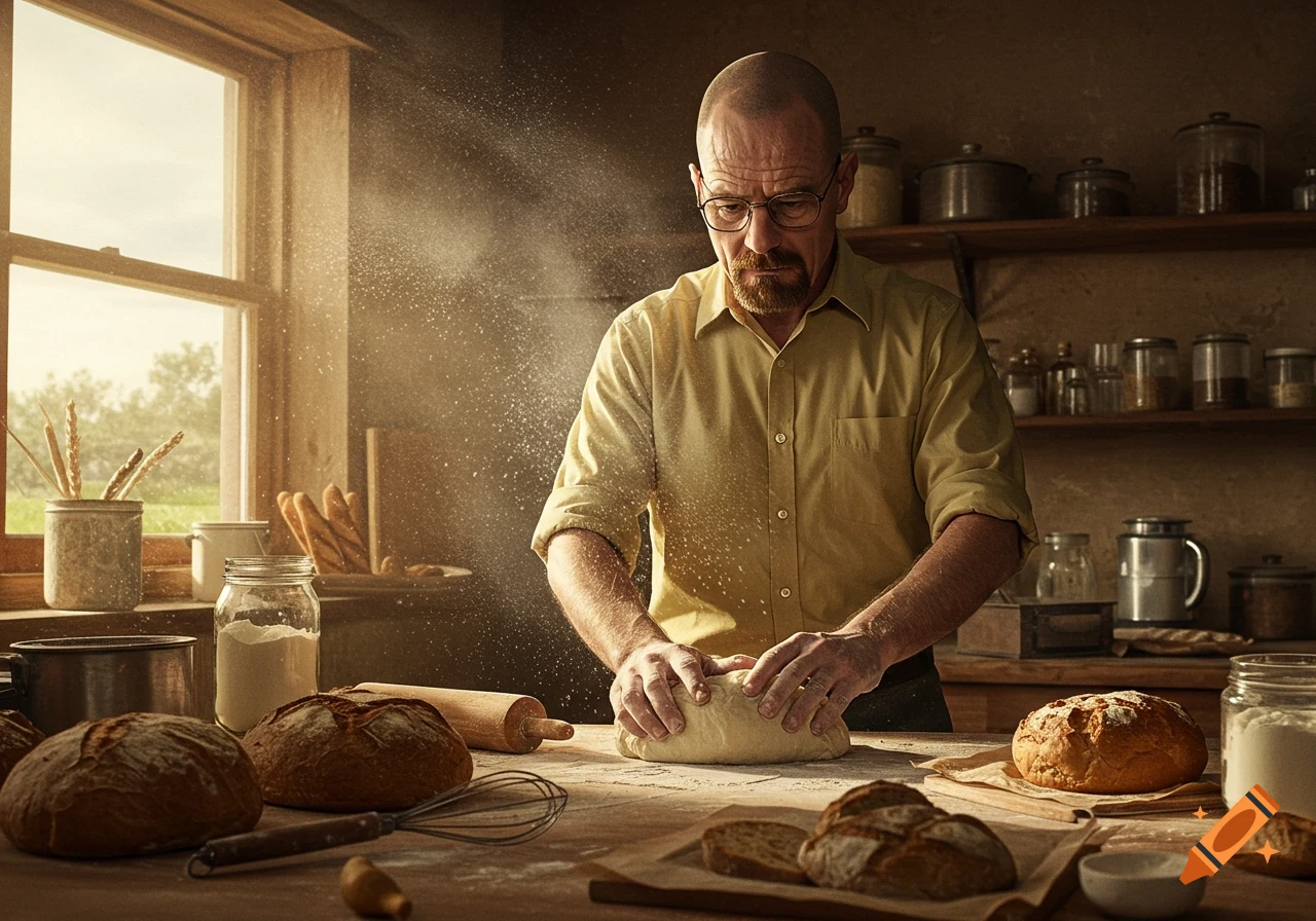 A man resembling Walter White kneads bread dough on a wooden table in a sunlit rustic kitchen, surrounded by fresh loaves and baking tools.