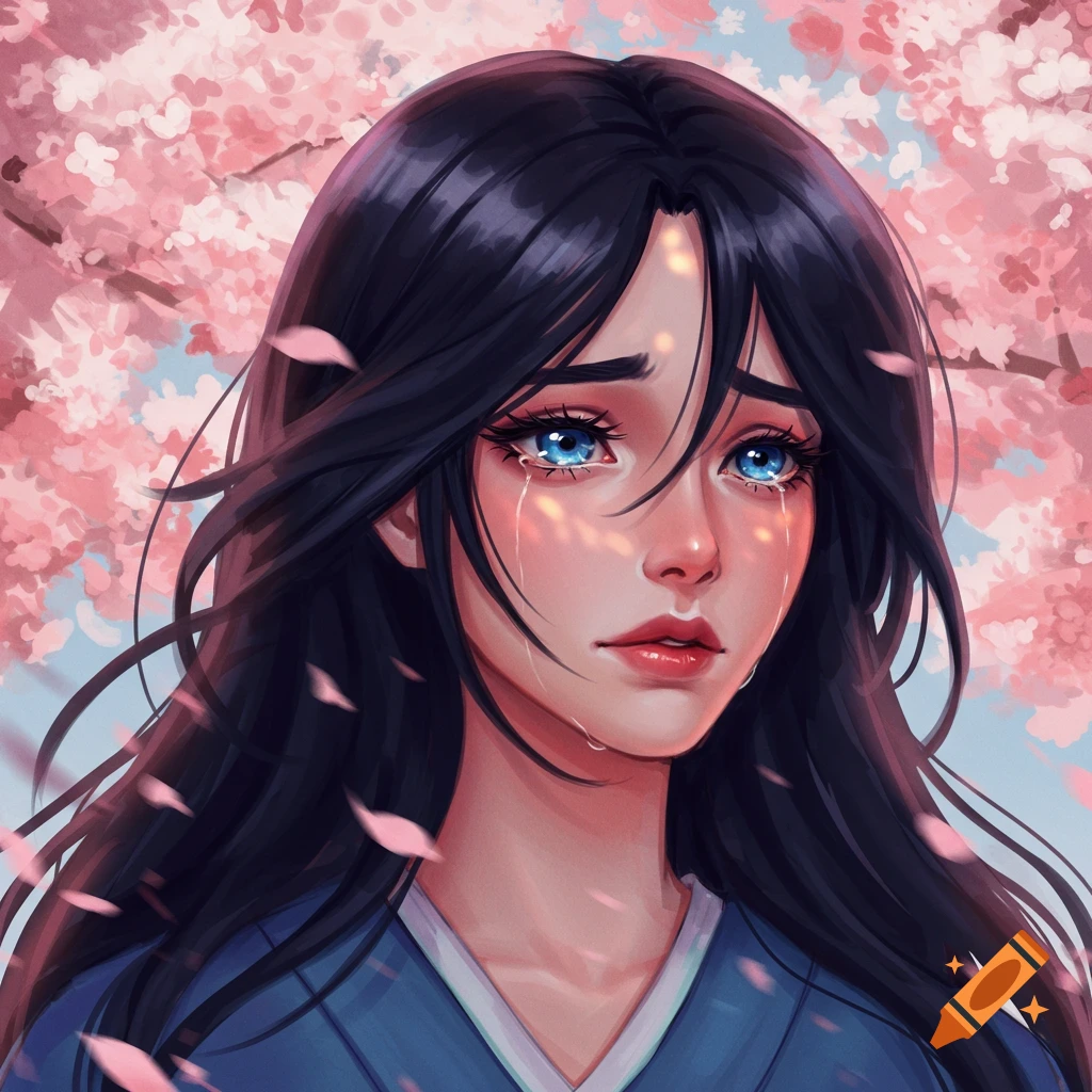 Stylized portrait of a crying woman with long black hair and blue eyes, against a background of pink cherry blossoms.