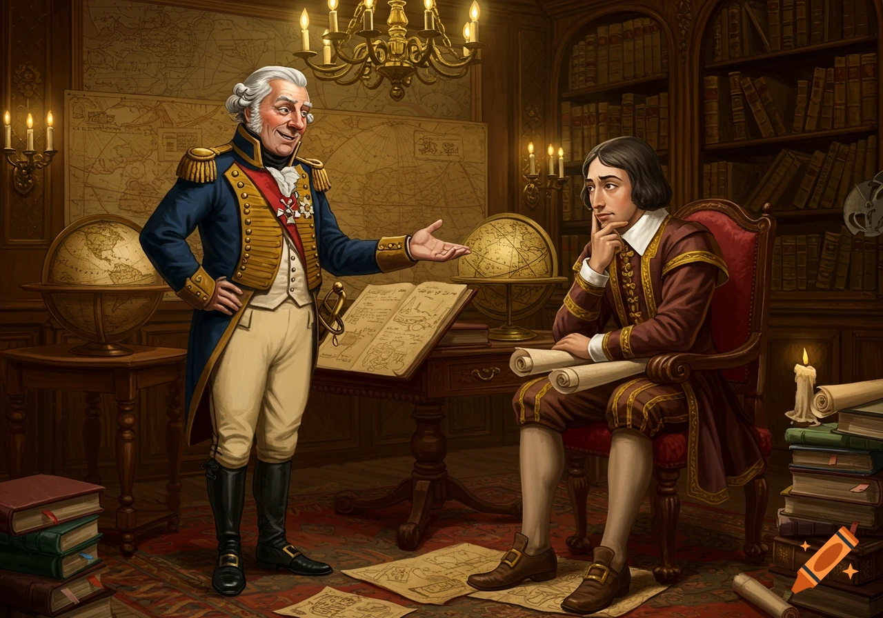 A man in a naval uniform stands gesturing at a desk with maps, talking to another man seated holding scrolls in a historic study.