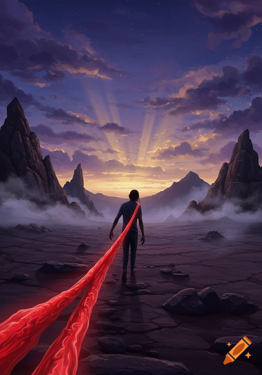 A person walks away across a vast, barren landscape towards a sunset under a purple, cloudy sky, trailing glowing red ribbons from their back.