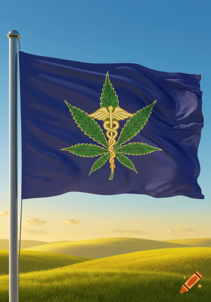 A dark blue flag featuring a green marijuana leaf overlaid with a golden caduceus symbol, waving over rolling green hills under a clear blue sky.