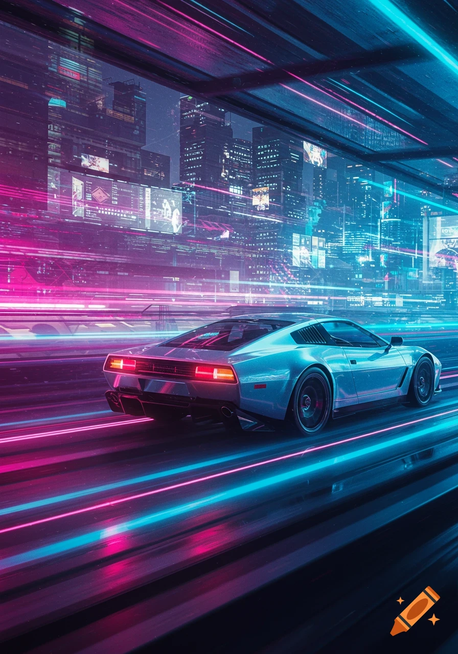 A sleek futuristic car drives through a neon-lit cyberpunk city at night, leaving pink and blue light trails.